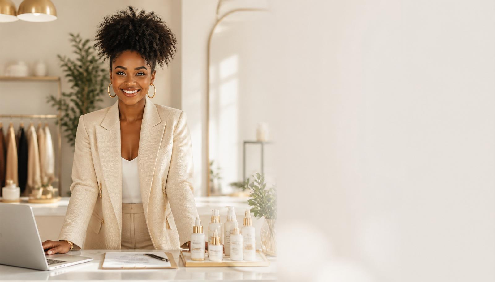 A vibrant younger entrepreneur in a sunlit modern boutique studio