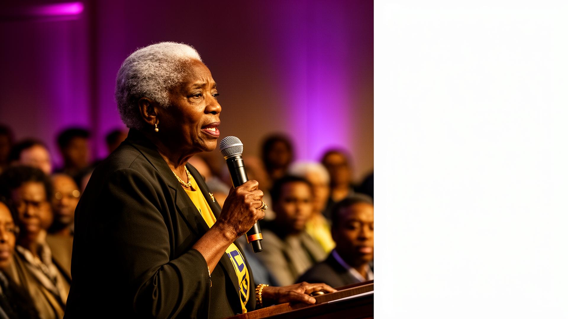 A powerful grandmother leader speaking with a microphone before a community audience